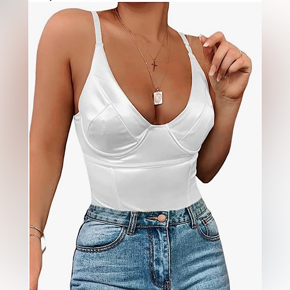 Dlsave Sexy Neon Corset Deep V Neck Satin Bodysuit Tank Top